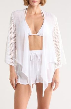 Elan Tie Front Bell Sleeve Cover-Up Top in White at Nordstrom Rack, Size X-Small