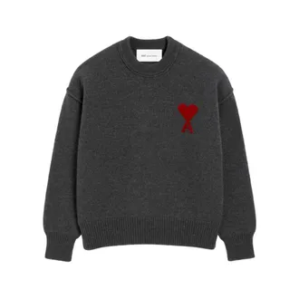 Ami Round-neck Knitwear, female, Gray, Size: 2XL Wool Knit Crew Neck Intarsia Heart