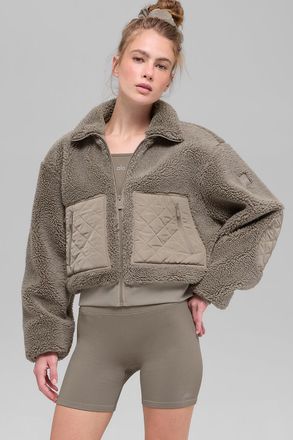 Alo | Sherpa Edge Bomber Jacket in Light Cocoa Brown, Size: Large