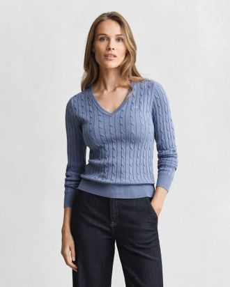 GANT Women Stretch Cotton Cable Knit V-Neck Sweater (XS) FADED DENIM