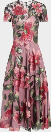 Naeem Khan Floral Matte Sequined Tulle Cap-Sleeve Cocktail Dress