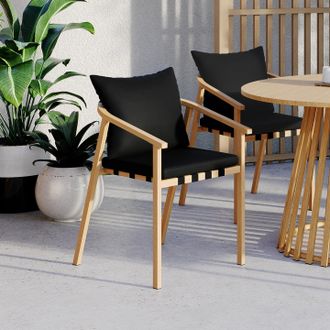 IDMarket Lote De 4 Sillas De Jard&iacute;n Malta, Estructura Met&aacute;lica Efecto Madera, Correas Y Cojines Negros