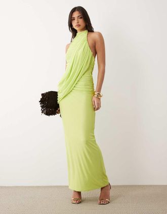 Asos Vestito lungo accollato drappeggiato color lime-Verde
