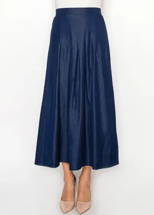 YAL New York Navy Denim-Look Skirt with Front Pleats Midi