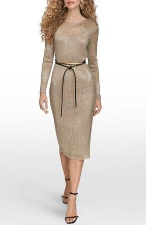 DKNY Metallic Belted Long Sleeve Mesh Midi Dress in Gold at Nordstrom Rack, Size 14