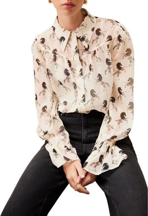 Mint Velvet Horse Print Sheer Blouse in Cream at Nordstrom, Size X-Small