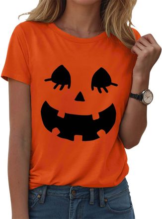 Generic Halloween Tshirts for Women Cute Pumpkin Funny Ghost Print V-Neck Tee Top, Funny Halloweencostume Party T-Shirt Happy Halloween Costume Tee Shirts Sho