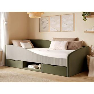 Flair Aubrey Velvet Storage Low Sleeper Bed with Beige Cord in Green | Size: Single