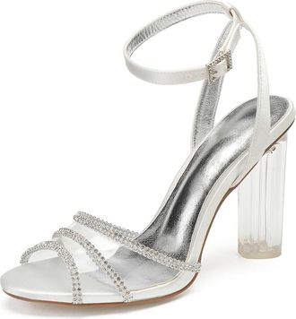 Generic Wedding Bridal Heels Womens Heels Ankle Strap Chunky Heel Dress Sandals Open Toe Bridal Satin Prom Party Dress Pumps 10.5Cm,Ivory,5 UK