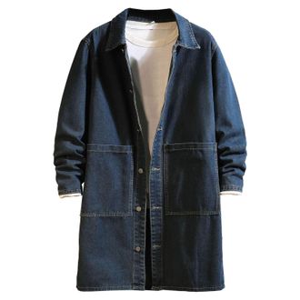 Generic Classic Mid Length Denim Trench Coat Mens Casual Jeans Jacket Long Lapel Outerwear For Everyday Wear Blue X-Large