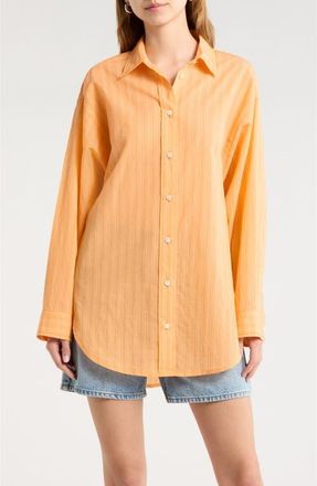 A Gold E Sona Pinstripe Oversize Button-Up Shirt in Fontana Stripe Orange Soda at Nordstrom, Size X-Large