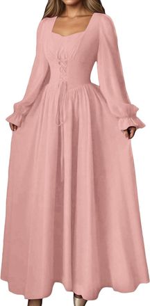 Generic Renaissance Dress Medieval Clothing Womens Vintage Victorian Cotton Long-Sleeve Solid Color Evening Wedding Carnival Costumes Pink