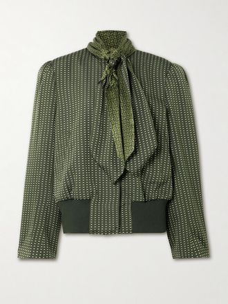 Dries Van Noten Bomber In Twill Stampato Con Collo Lavallière In Raso - Verde
