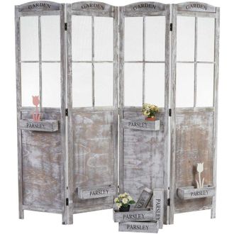 Hhg Hhg - Paravent 599, Biombo Separador De Ambientes, Cestas Para Plantas 4 Paneles, Aspecto Desgastado 170x180x22cm, Marr&oacute;n-gris