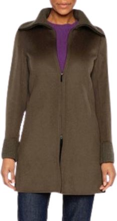 Kinross Cashmere Knit Trim Zip Mock Coat In Loden