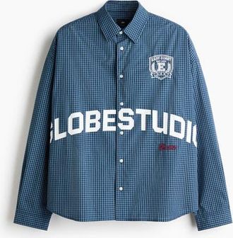 H&M Relaxed Fit Motif-detail Cotton Shirt in Blue/globestudio at Nordstrom, Size Xx-Large