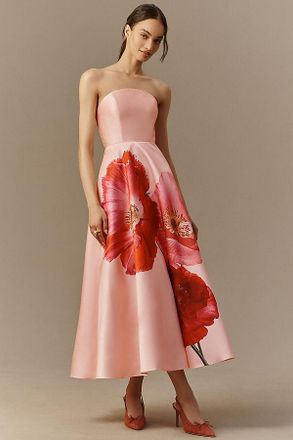 Mac Duggal Pink Floral Strapless A-Line Midi Dress