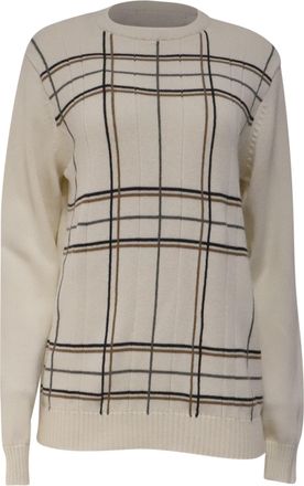 Oscar De La Renta Plaid Print Crew Neck Sweater in Cream Cotton