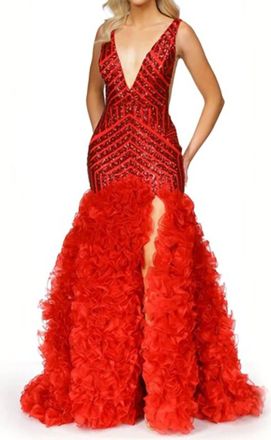 Jovani Beaded Fit And Flare Gown In Red