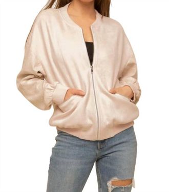 Hem & Thread Animal Print Sleeve Bomber Jacket In Cream/blush