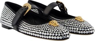 Versace Womens Crystal-Embellished Calfskin Flat Black