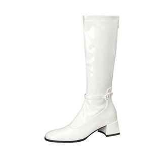 Generic Womens Knee High Riding Boots with Square Toe & Buckle Strap,Autumn and Winter Elegant Style,White,6.5 UK