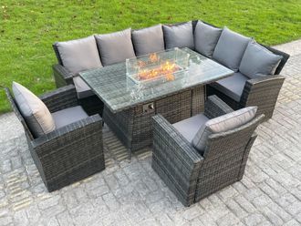 Fimous High Back Rattan Corner Sofa Set Gas Fire Pit Dining Table Heater Arm Chair 8 Seater in Dark Grey