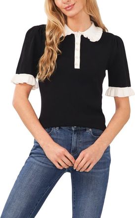 CeCe by Cynthia Steffe Contrast Trim Short Sleeve Polo Sweater in Rich Black at Nordstrom, Size X-Small