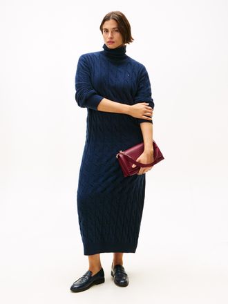 Tommy Hilfiger Strickkleid TOMMY HILFIGER CURVE CRV SOFT WOOL CABLE ROLL-NK DRS, Damen, Gr. 52, N-Gr, blau (schwarz night navy), Strick, Obermaterial: 100% Wolle, un