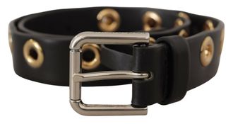 Dolce & Gabbana Womens Black Leather Eyelet Silver Tone Metal Buckle Belt - One Size