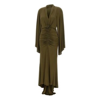 Blumarine Gowns, female, Green, Size: M Long Shiny Jersey Dress With Applied Rose