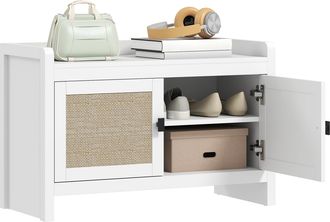 OEM Banco Zapatero Con Puertas Frentes De Rat&aacute;n Balda Extra&iacute;ble Para Entrada O Dormitorio 80x35x52 Cm Blanco Y Beige