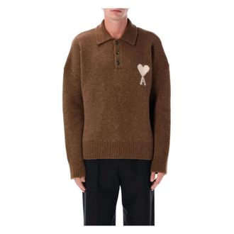 Ami Round-neck Knitwear, male, Brown, Size: L Wool Polo Sweater with Intarsia