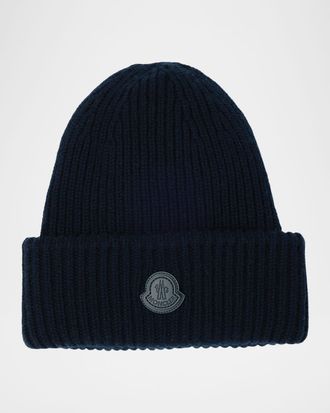Moncler Men & apos;s Cashmere Rib Leather-Logo Beanie Hat