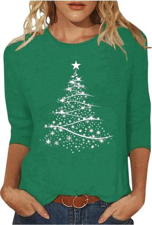 Generic Womens Christmas Tops UK Funny Xmas Tree Red Wine Glass Cow Print Blouse Casual Cozy Sweatshirt Tops Christmas Long Sleeve Shirt for Women 3/4 Sleeve 