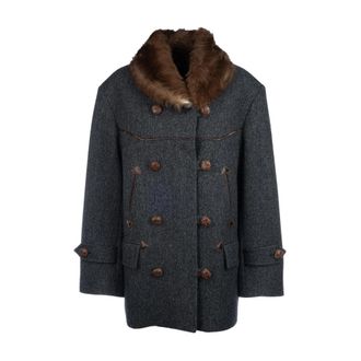 Prada Double-Breasted Chevron Peacoat - Dames - Mantel - Grijs - S - Wol - Jassen