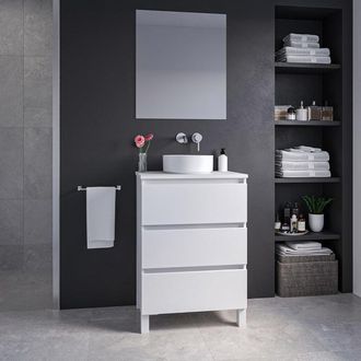 Saniclass Chaci PLUS Badkamermeubelset - 60x86x46cm - waskom - topblad - 3 lades - rechthoekige spiegel - mat wit
