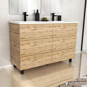 Aurlane Mueble de Baño 120cm 6 CajonesRoble Natural + Lavabo de cerámica Blanco - timber 120