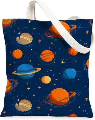 Generic Cosmic Planets Canvas Tote Bags, Space Pattern Reusable Grocery Bags, Summer Lightweight Washable Shoulder Strap Canvas for, Navy, 13x15 Inch