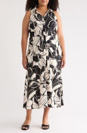 London Times Floral Side Ruched Linen Blend Midi Dress in Black/Beige at Nordstrom Rack, Size 14W