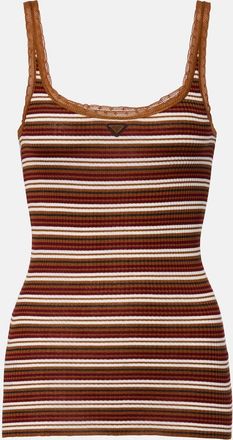 Prada Lace-trimmed striped cotton tank top