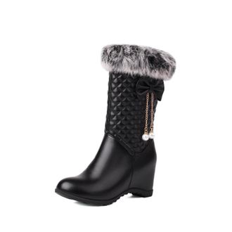 Generic Womens Mid-Calf Boots Faux Fur Trim Bow Pearl Pendant Quilted PU Leather Wedge Heel Round Toe Side Zip Elegant Durable Design,Black,3.5 UK