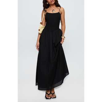Princess Polly Carys Smock Bodice Cotton Maxi Dress in Black at Nordstrom, Size 0