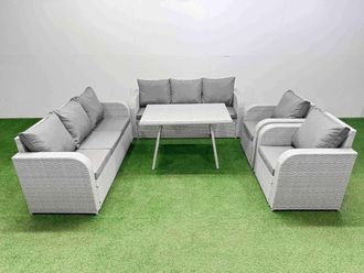 Fimous Rattan High Back Lounge Sofa Set with Reclining Chairs Light Grey