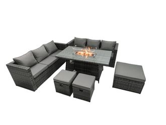 Fimous Rattan Garden Furniture Firepit Dining Set 9 Seater Lounge Sofa Table Set with 3 Footstool in Dark Grey