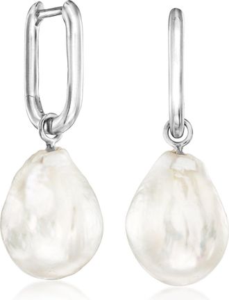 Ross-Simons Sterling Silver Hoop Earrings With Removable 12-13mm Cultured Baroque Pearl Drops