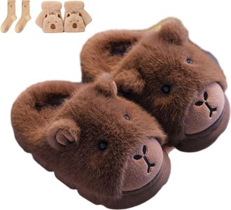 Generic Capybara Plush Slippers Women Men, Winter Fuzzy Animal House Slides, Fluffy Shoes with Socks Gloves (Dark Brown, M, Adult, Women, 9, Numeric Range, UK