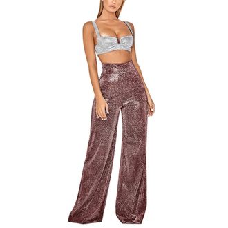 Generic Womens Bright Silk Trousers for Women UK Wide Leg Pants Ladies Trousers Casual Pants Glitter Sequins Wide Leg High Waist Straight Long Pants Zipper Fl