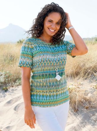 Casual Looks Kurzarmshirt CASUAL LOOKS Rundhals-Shirt, Damen, Gr. 36, oliv, gelb, bedruckt, 100% Baumwolle, gemustert, mehrfarbig, Rundhals, Shirts Kurzarmshirt