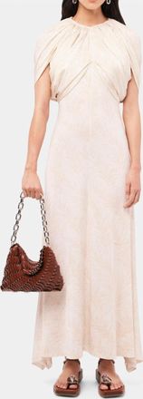 Paco Rabanne Long Dress With Feather Print And Draping Details In Ecru